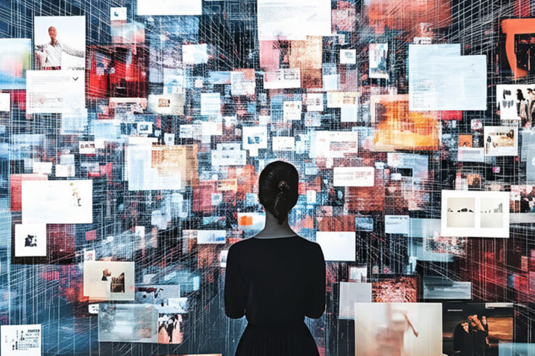 A detailed network of fake news nodes intertwined, highlighting